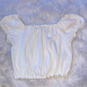 white off the shoulder cropped ruffled shirt